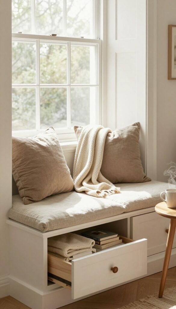 Cozy living room with a window seat featuring built-in drawers for hidden storage, soft linen cushion, throw pillows, and a knitted blanket.