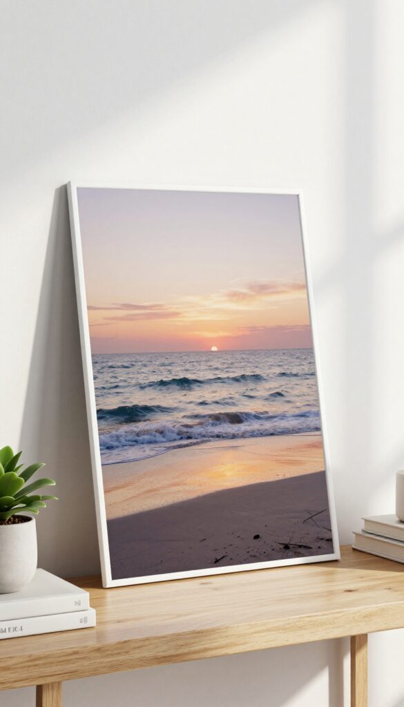 Large-scale photo print from phone mounted on foam board leaning on console table with plant and books