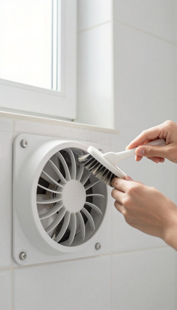 Cleaning bathroom exhaust fan vent with a brush, bright natural light, fresh and clean bathroom setting.
