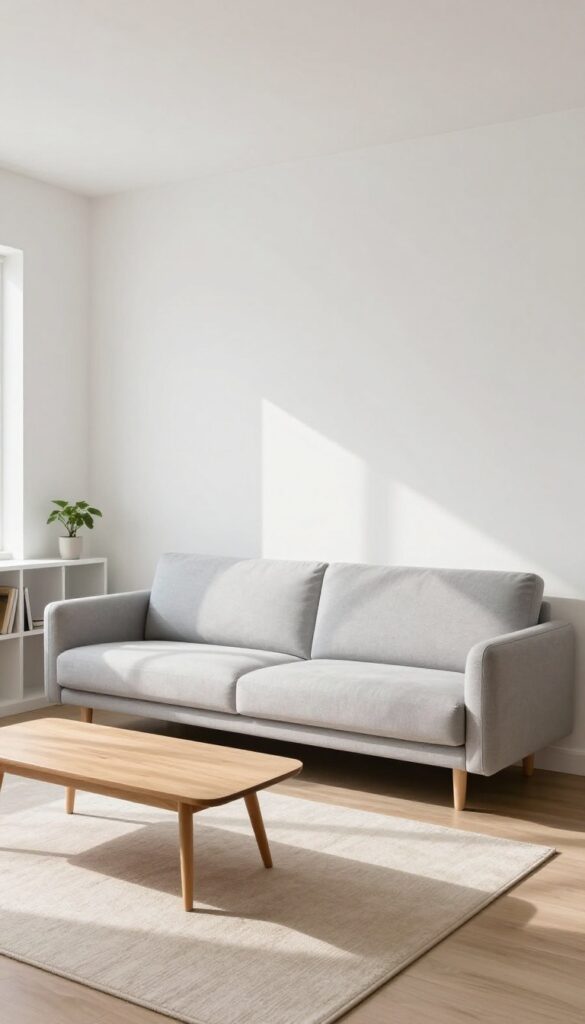 Small living room with sofa floated away from wall, creating open perimeter with slim shelf and plant behind it, bright natural light, spacious feel.