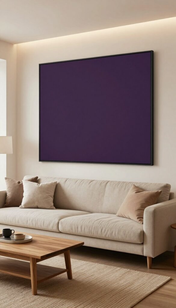 A cozy living room with a Nether portal accent wall featuring a glowing purple rectangle framed in matte black, warm wood and neutral decor, soft natural light.