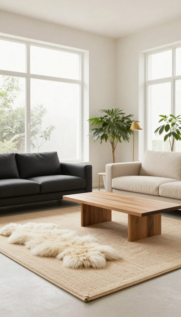 Layered rugs in a bright living room with a jute base and cream faux fur top, sofa and chair resting on them, coffee table, plants, gold lamp.