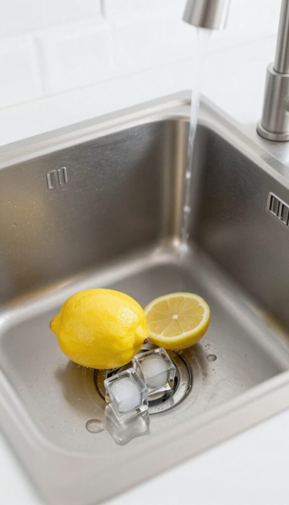 Ice cubes and lemon peels going into a garbage disposal for cleaning