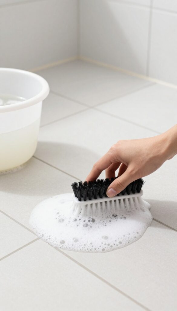 Close-up of scrubbing tile grout with dish soap and warm water, bucket and brush visible in bright natural light.