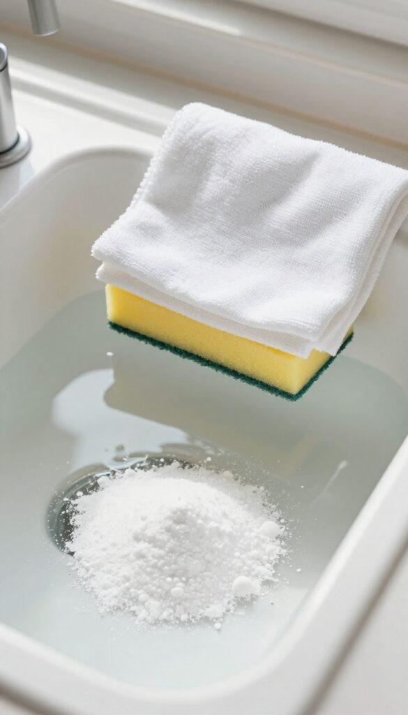 White dish towel and yellow sponge soaking in a basin of water with baking soda nearby in a bright kitchen