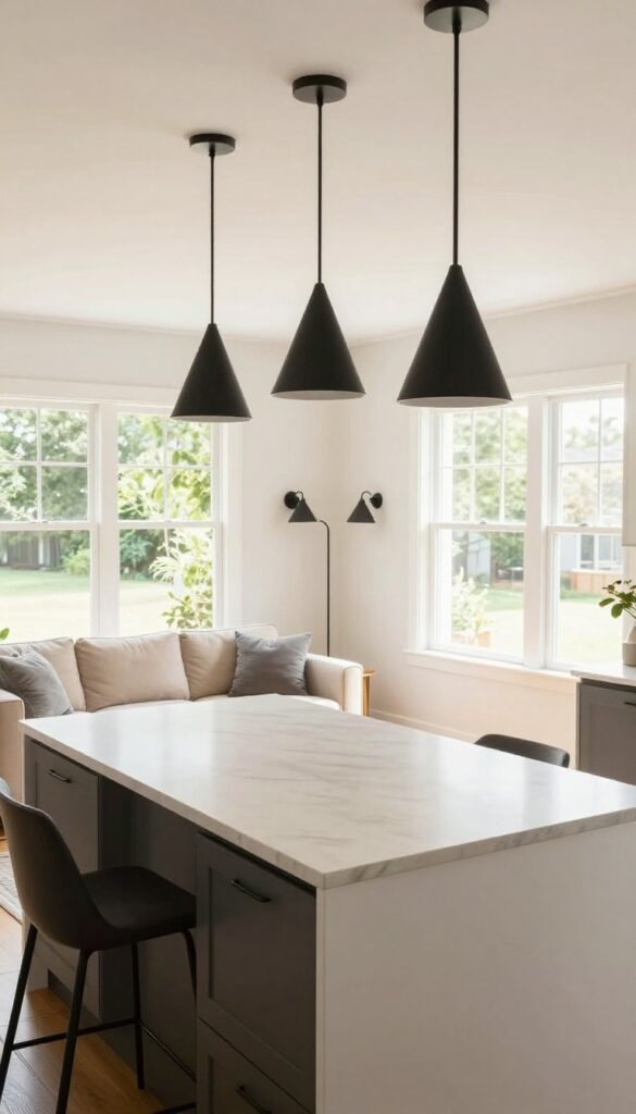 Small open-concept living room and kitchen with black pendant lights over kitchen island, beige sofa, and black sconces in living room