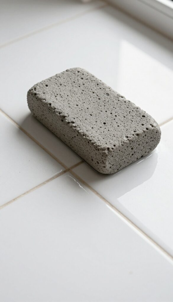 A pumice stone being used to clean grout on a white tile floor, with bright natural light and clean composition.