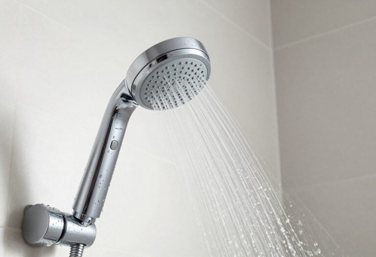 Clean chrome shower head with water spray in a bright bathroom