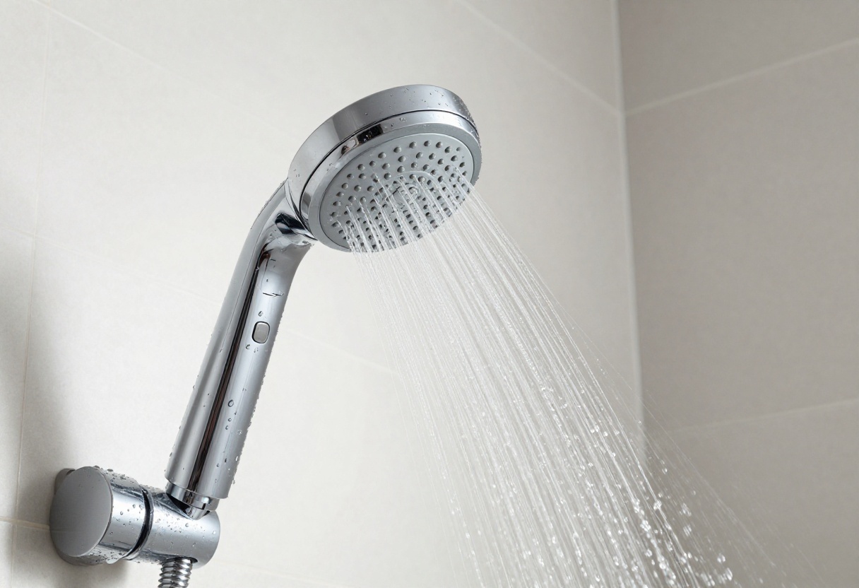 Clean chrome shower head with water spray in a bright bathroom