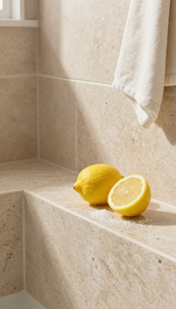 Lemon and salt scrub on natural stone shower tiles