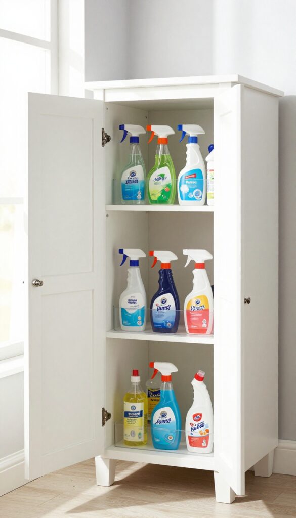 Deep corner cabinet shelf with a lazy Susan holding cleaning spray bottles