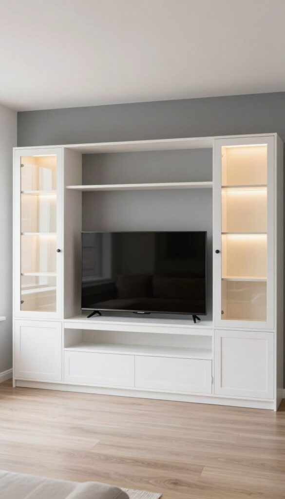 Symmetrical media wall with IKEA Besta cabinets, centered TV, glass doors, and warm LED lighting in a bright living room.