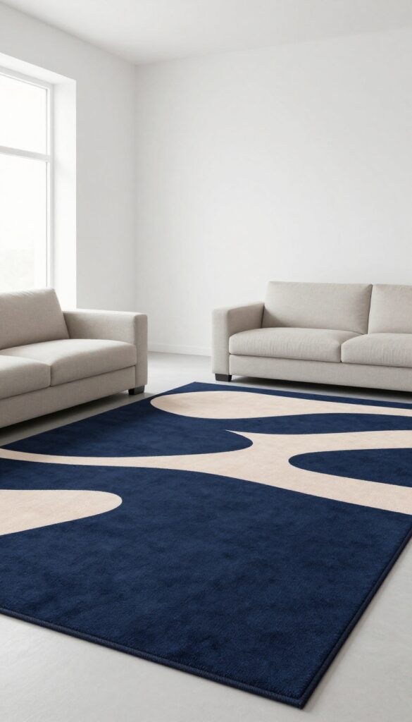 Small living room with bold patterned rug in navy and blush, anchoring the seating area