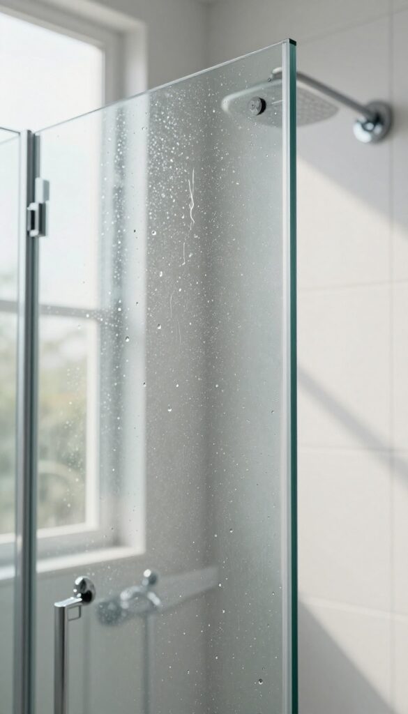 Water beading on a sealed glass shower door in a bright, clean bathroom