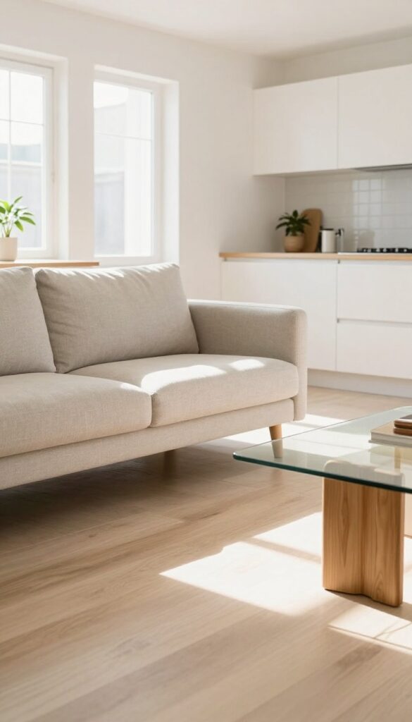 Airy open-plan living room and kitchen with furniture featuring exposed legs, allowing light to flow underneath for a spacious feel.