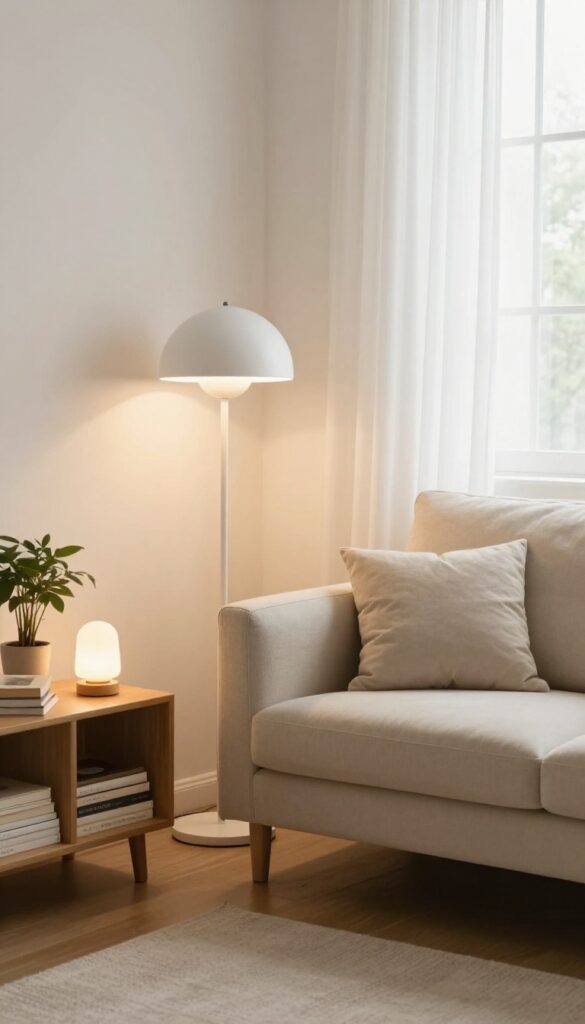 Cozy living room with warm lamp lighting, floor lamp and table lamp creating soft glow, sofa and side table, inviting hosting atmosphere