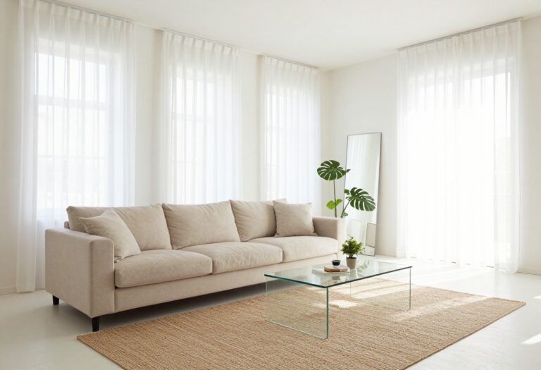 Minimalist living room with open layout, neutral decor, and natural light