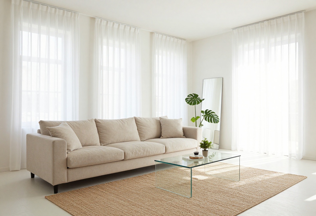 Minimalist living room with open layout, neutral decor, and natural light