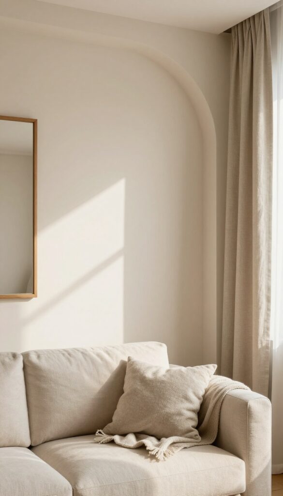 Living room with arched moulding detail on wall behind sofa, warm and cozy decor