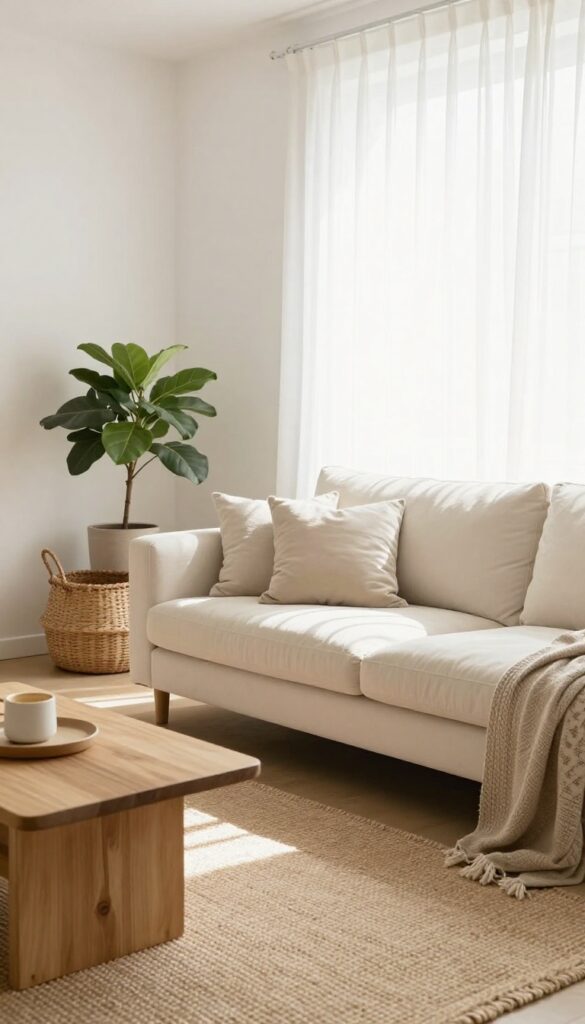 Bright living room with warm white walls, cream sofa, jute rug, and natural light