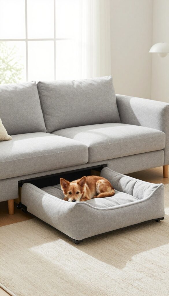 Elegant sofa with hidden pet bed drawer, dog resting inside, bright living room
