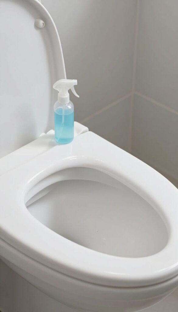 Small spray bottle of diluted bleach placed on a clean white toilet seat in a bright bathroom