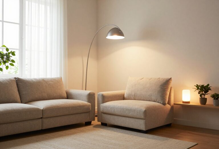 Cozy small living room with warm lamp lighting, including an arc floor lamp, corner floor lamp, and table lamp on a floating shelf.