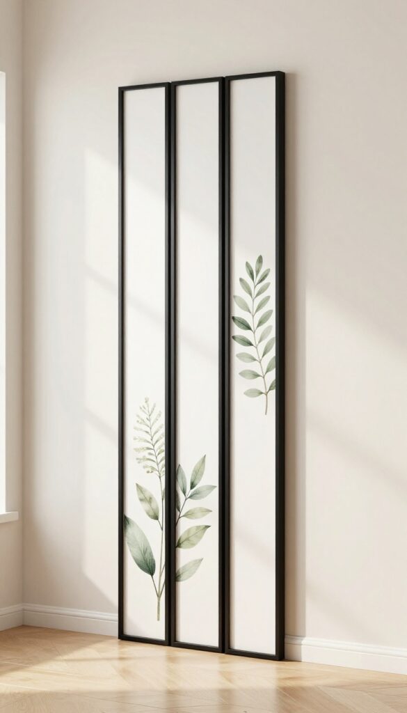 Vertical column of three black frames with botanical prints on a narrow wall beside a doorway, natural light, minimalist decor
