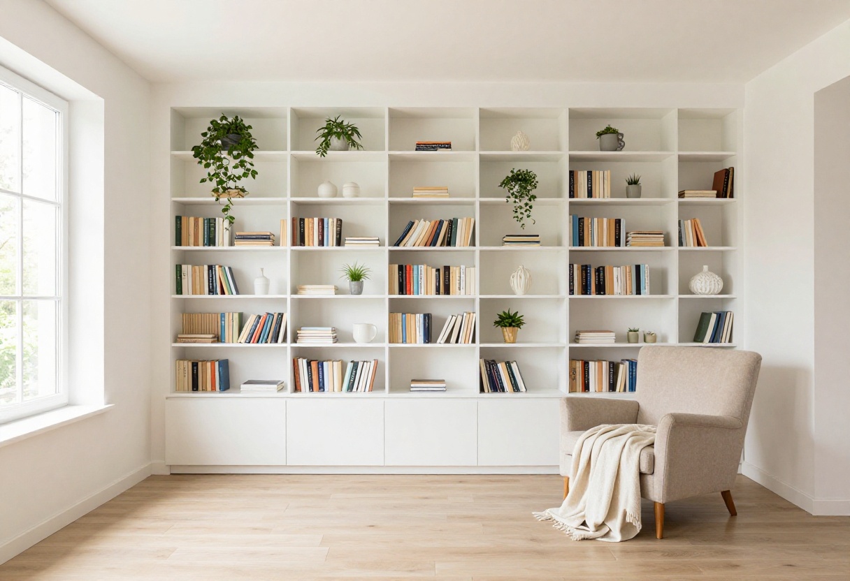 Living room alcove with built-in shelves, books, plants, and a cozy armchair