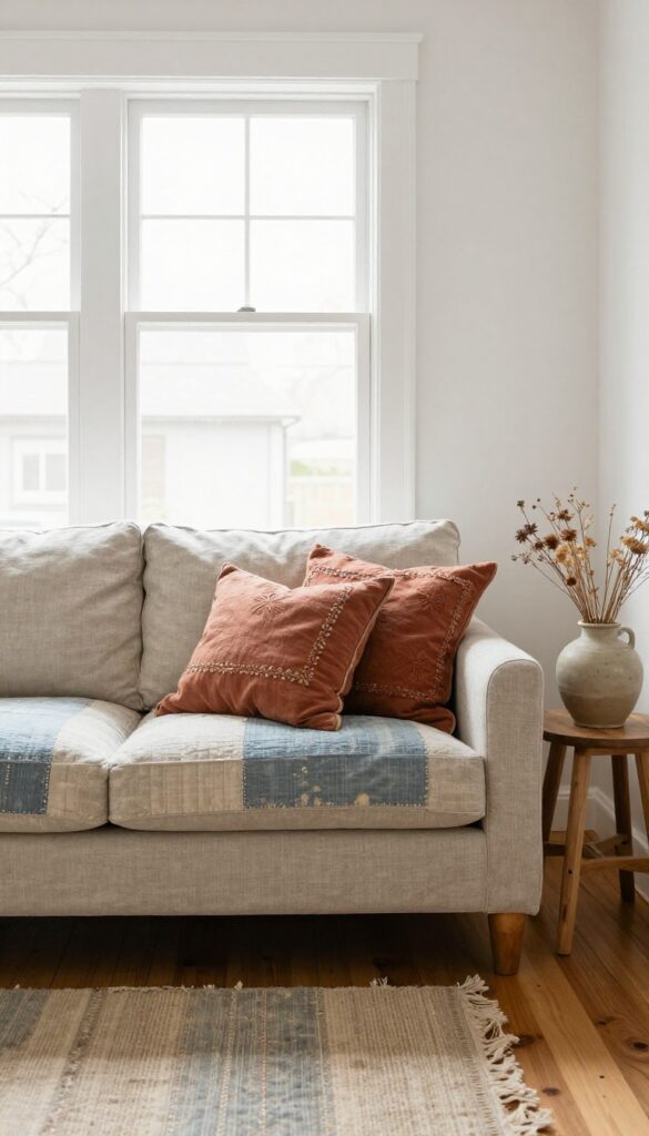 Vintage living room with thrifted textiles on a neutral sofa and a faded rug