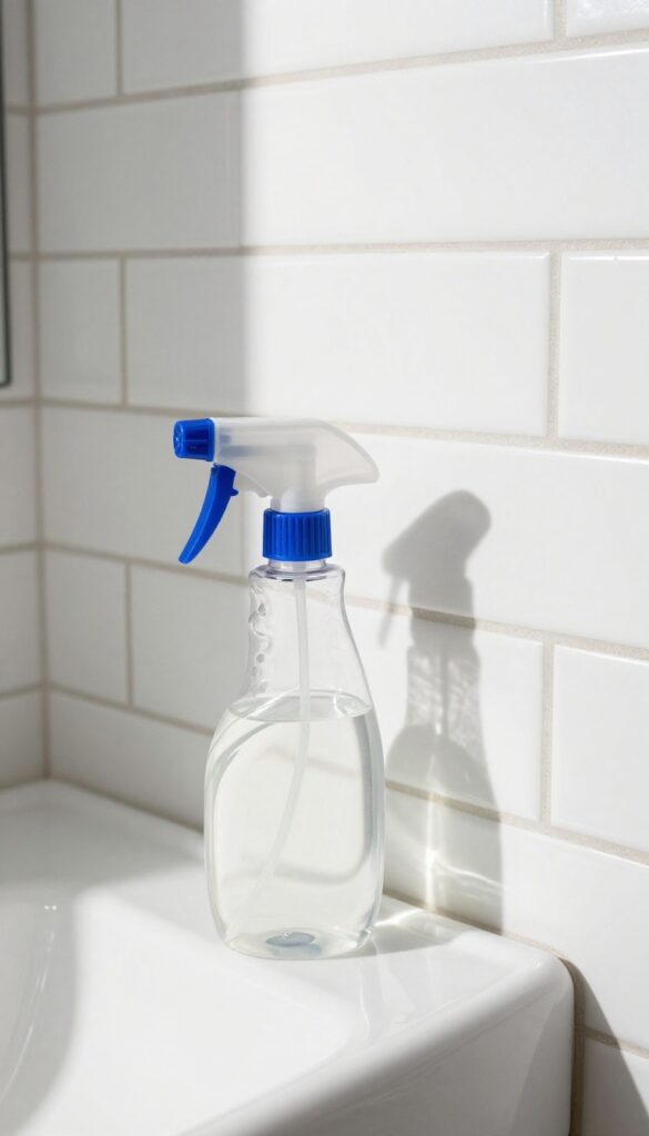 Close-up of clean bathroom tile grout with a spray bottle of vinegar and dish soap solution nearby.