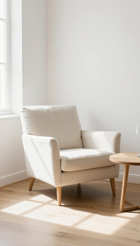 Angled armchair in narrow living room near window with side table and lamp