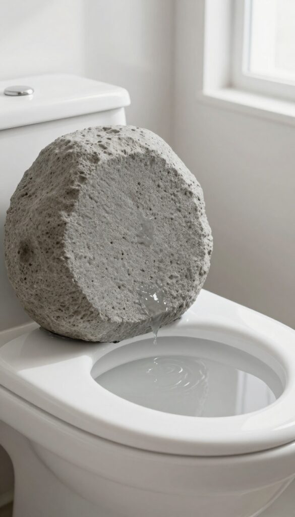 Pumice stone cleaning hard water ring in toilet bowl