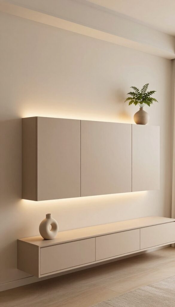 Floating wall-mounted cabinet in warm matte taupe above console table with plant and LED glow