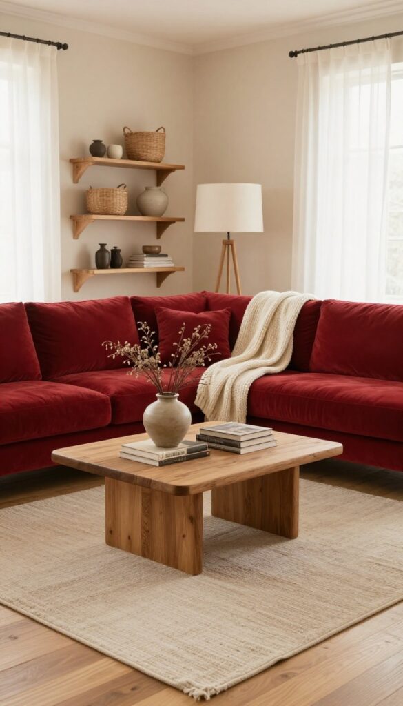 Cozy living room with red couch, neutral walls, warm wood coffee table, and soft natural light