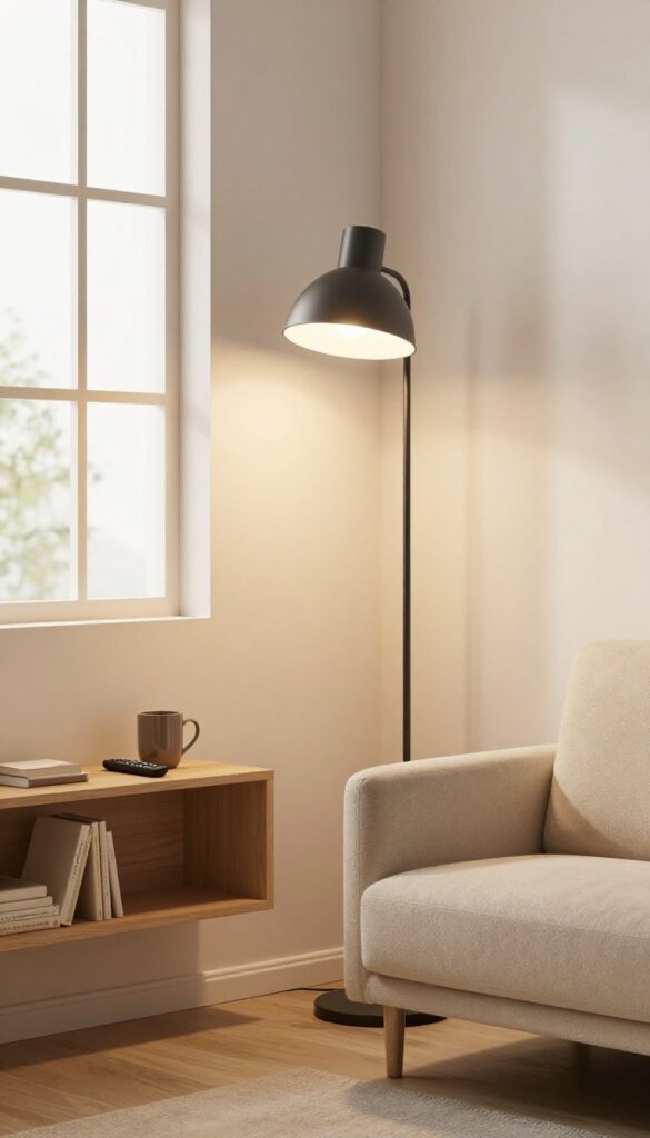Floor lamp with built-in shelf in small living room