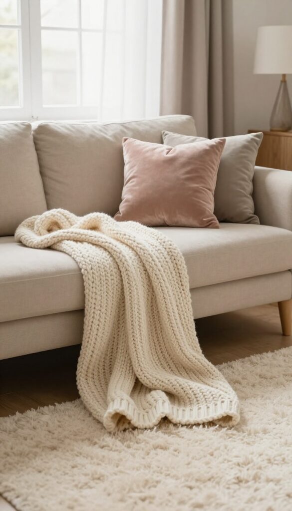 Cozy small living room with layered soft textures including a chunky knit throw, velvet pillows, and a fluffy rug in warm neutral tones.