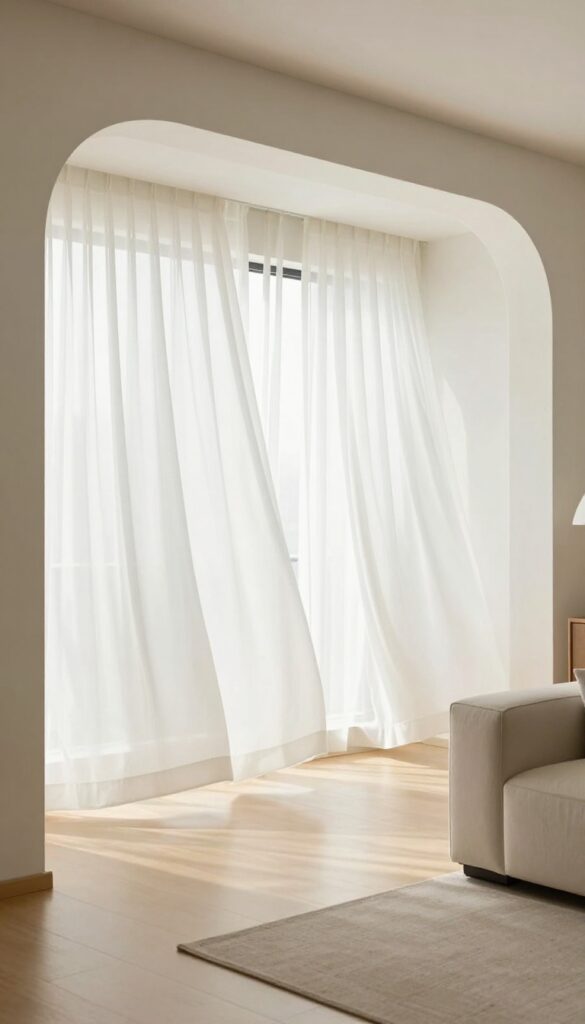Living room archway with floor-length sheer curtains softening the transition between rooms, modern and airy style.