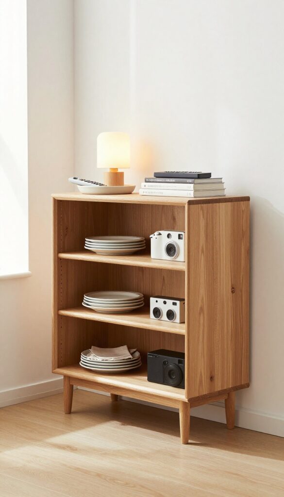Slim oak credenza in small living-dining room with dual-purpose storage, styled with tray, lamp, books, and neatly organized interior.