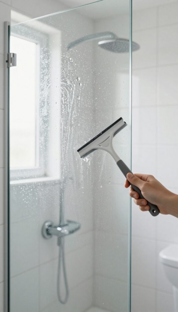 Hand using a squeegee on a wet glass shower door to prevent hard water stains and soap scum buildup.