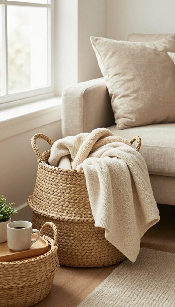 Cozy living room with woven baskets holding blankets, one basket used as side table with tray, natural light, warm neutrals.