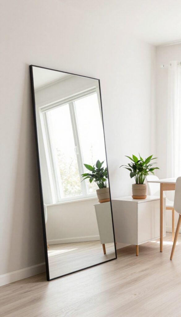 Small living-dining room with a large mirror reflecting light from a window, a console table with a plant, and a dining area in the background.
