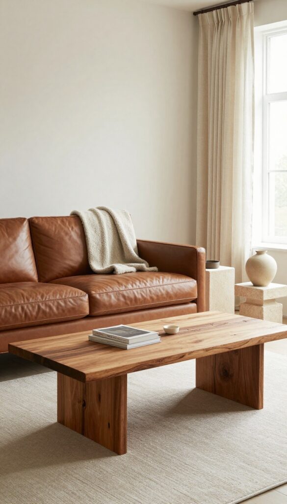 Living room with leather sofa, wool throw, reclaimed wood coffee table, stone side table, linen curtains, neutral earthy tones.