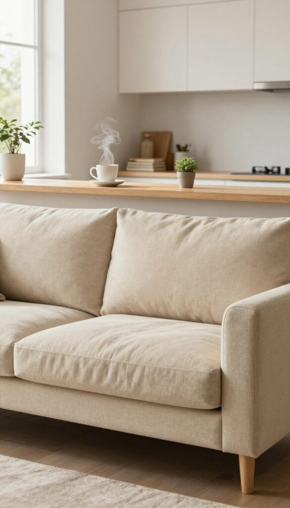 Elegant sofa with console back shelf holding coffee mug, books, and plant in bright living room