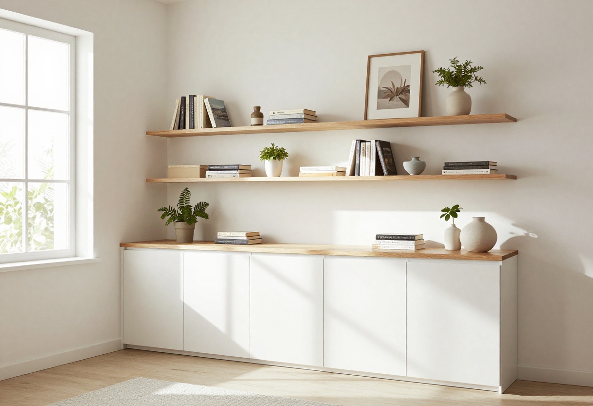 Living room with a white wall unit, floating shelves, and natural light