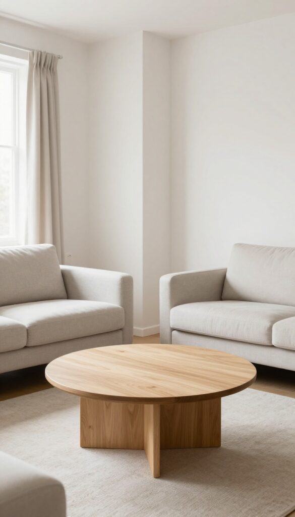 Narrow living room with round coffee table, sofa and TV on opposite walls, bright natural light