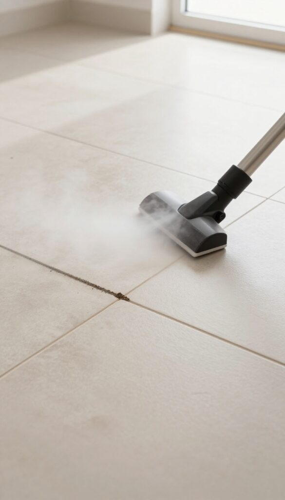 Steam cleaner cleaning grout lines on a tiled floor