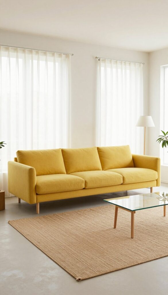 Open living room with yellow sofa as centerpiece, uncluttered layout, natural light, minimalist furniture