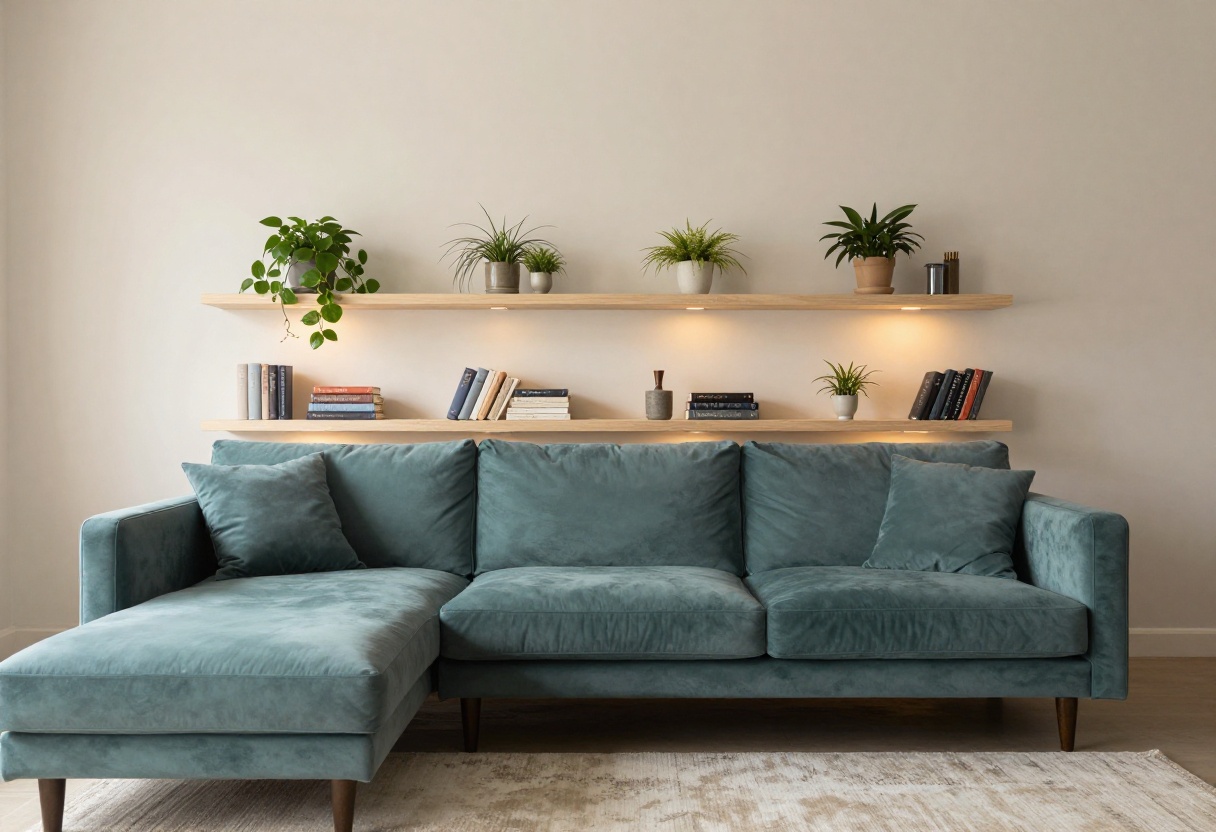 Cozy modern living room with teal sofa and warm lighting