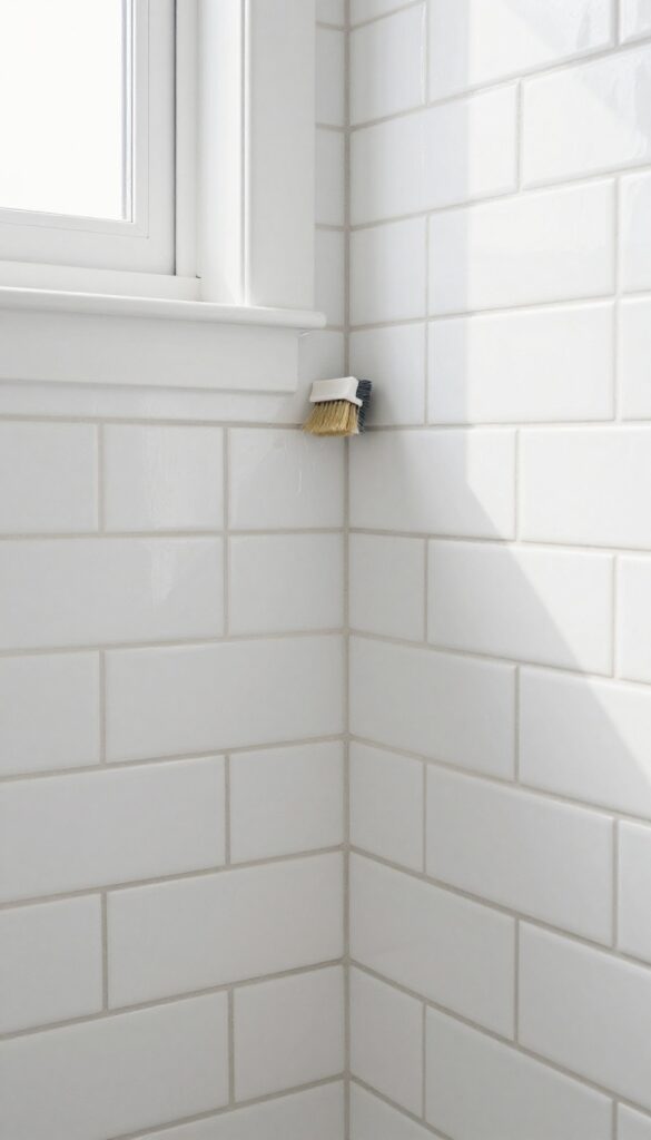Applying grout sealer to clean bathroom tiles with a small brush